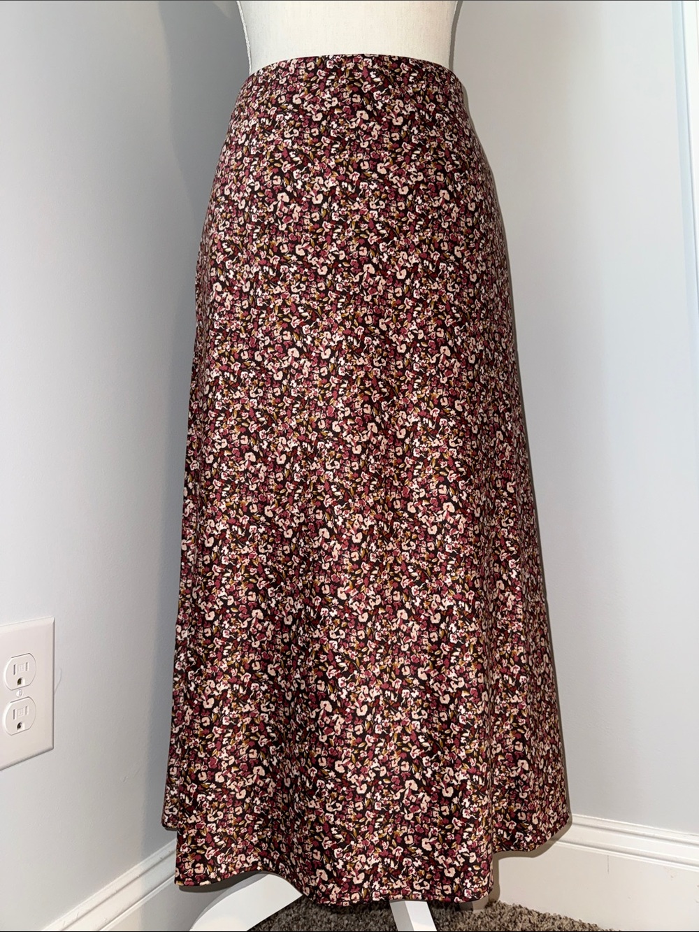LOFT Burgundy Floral Maxi Skirt with Pink & Cream Accents